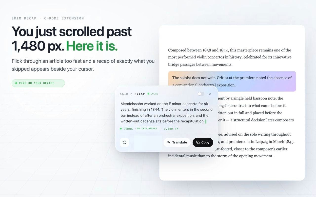 Skim Recap: A Browser-Based Local AI Reading Assistant That Catches What You Missed While Skimming