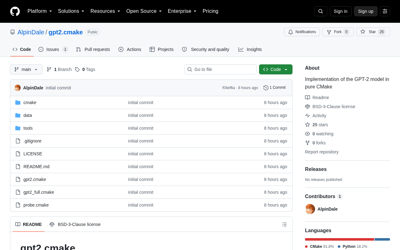 hackernews source: Implementation of GPT-2 in pure CMake