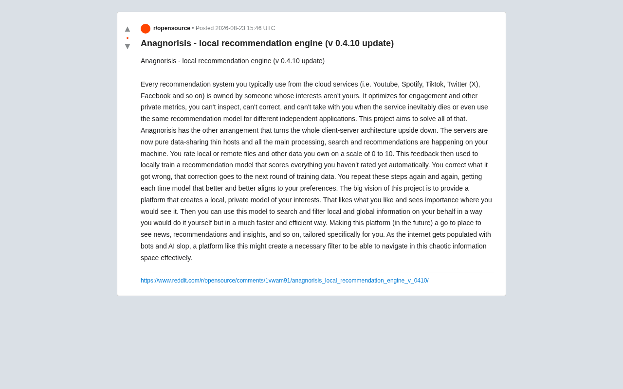Anagnorisis: An Open-Source Local Recommendation Engine That Puts You Back in Control of the Algorithm