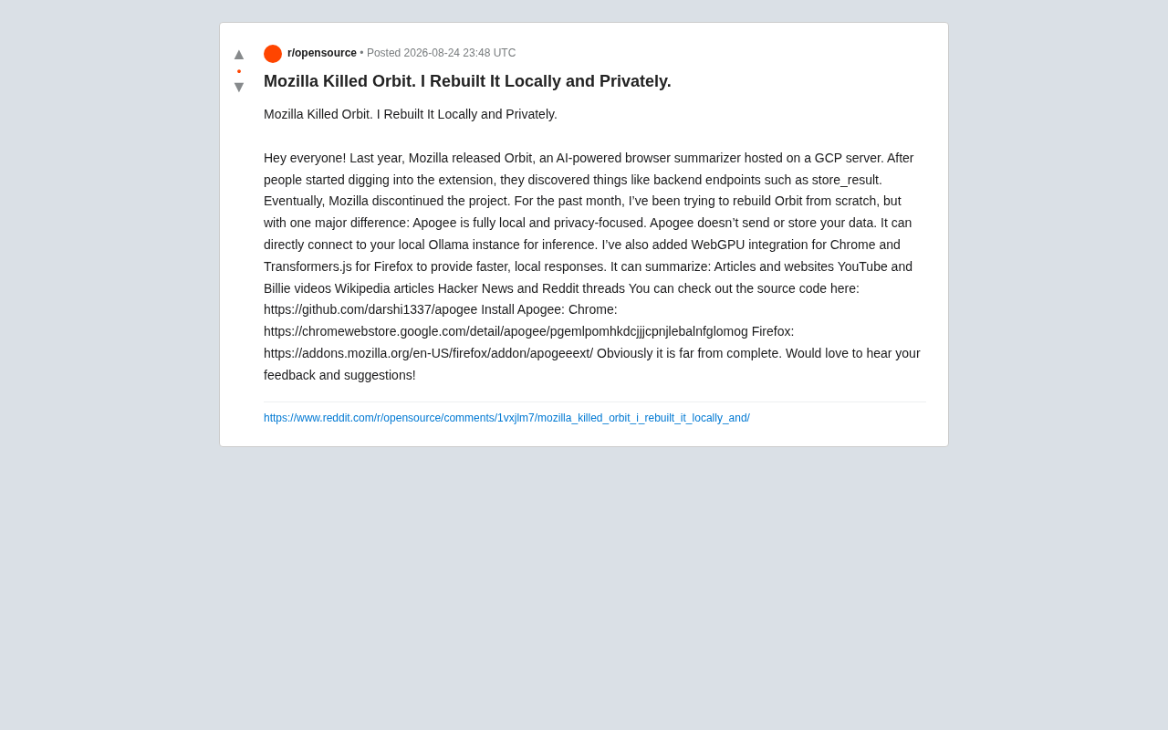 Apogee: A Privacy-First Browser Summarization Extension Rebuilt with Local AI After Mozilla Killed Orbit