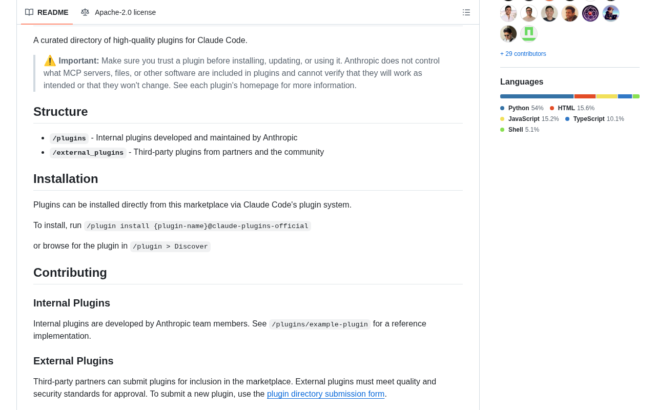 github source: anthropics/claude-plugins-official: Official, Anthropic-managed directory of high quality Claude Cod