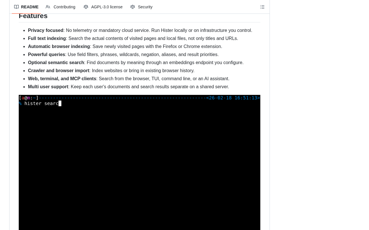 github source: asciimoo/hister: Your own search engine