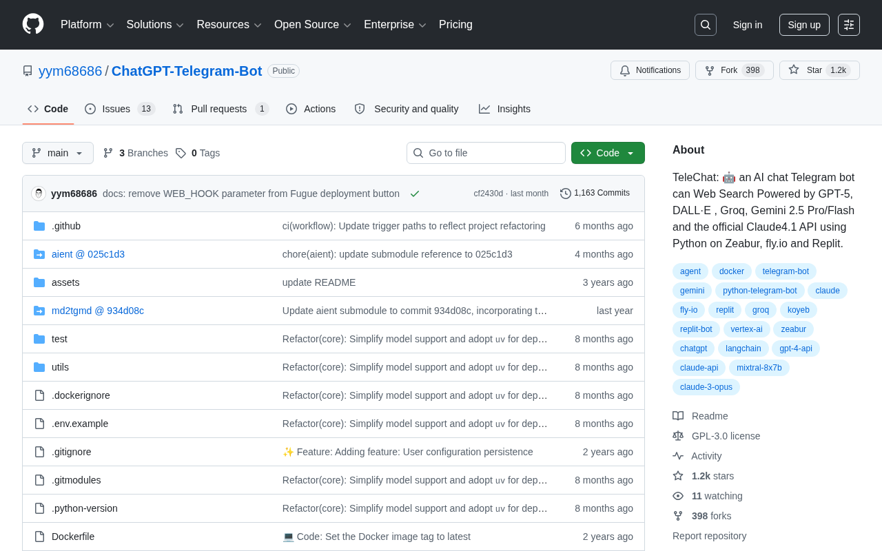 TeleChat: An Open-Source Telegram AI Bot Integrating GPT-5, Gemini, and Claude
