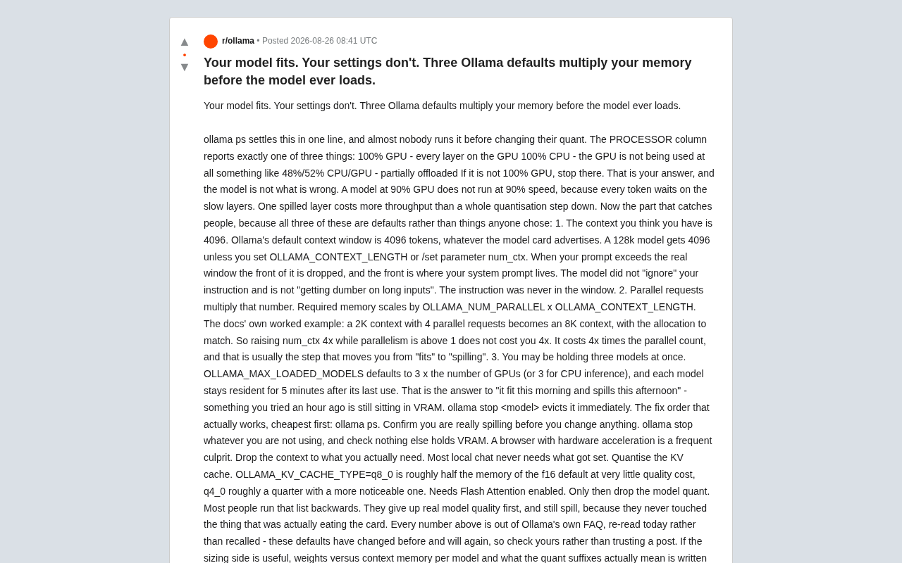 reddit source: Your model fits. Your settings don't. Three Ollama defaults multiply your memory before the model ev
