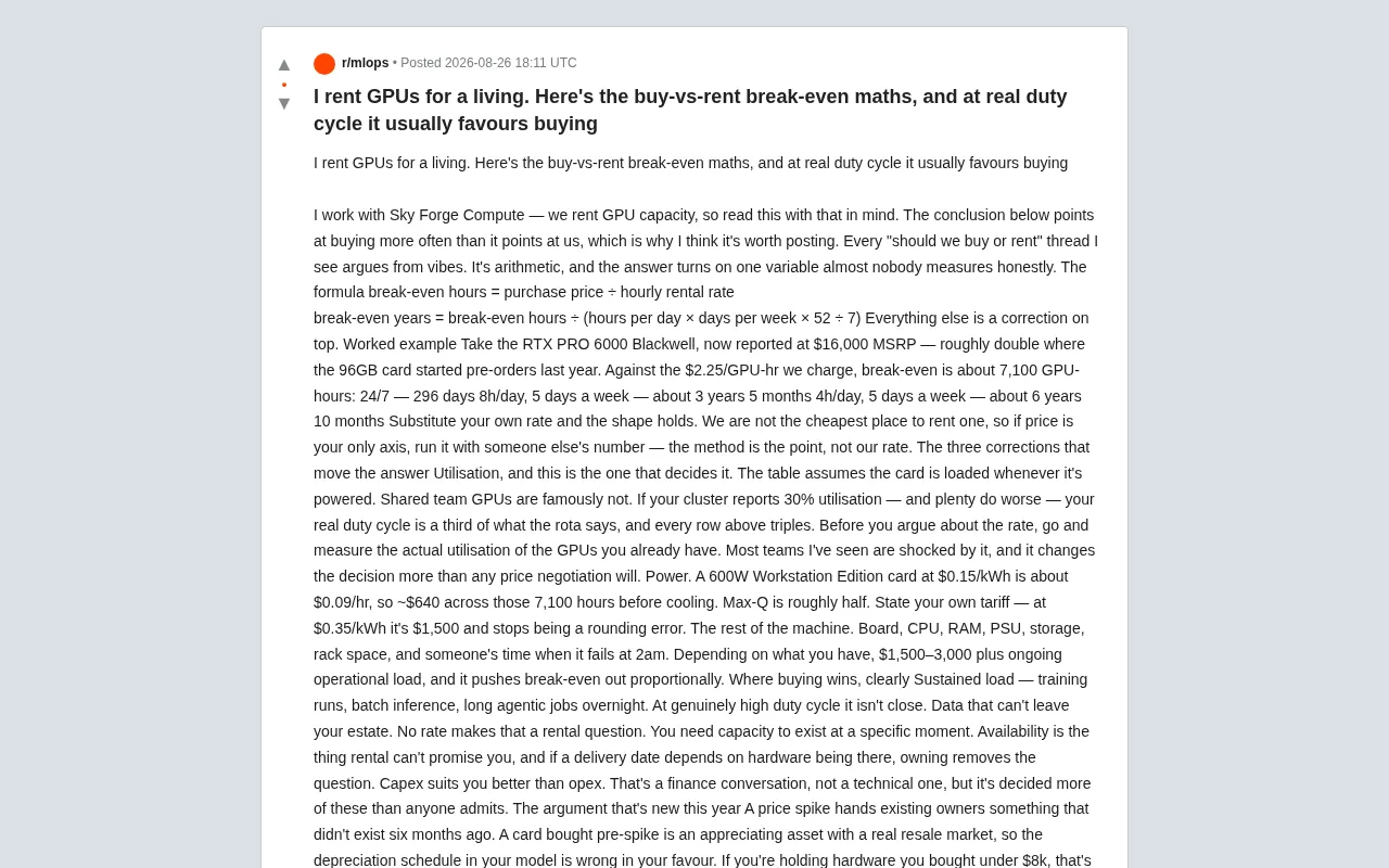 Buy or Rent a GPU? A Break-Even Analysis from Someone in the GPU Rental Business
