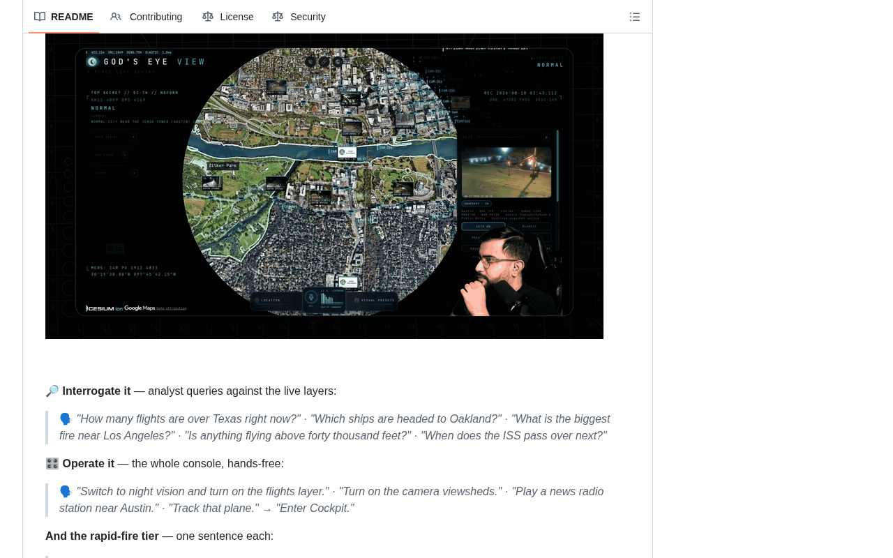 github source: bilawalsidhu/gods-eye-view: A spy satellite simulator in your browser, except the data is real. Live