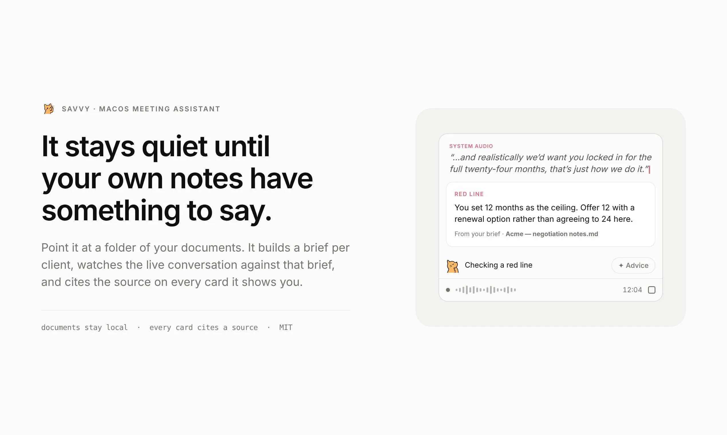 Savvy: An AI Assistant That Whispers Prompts During Meetings, a Local-First Solution Built on Your Private Documents