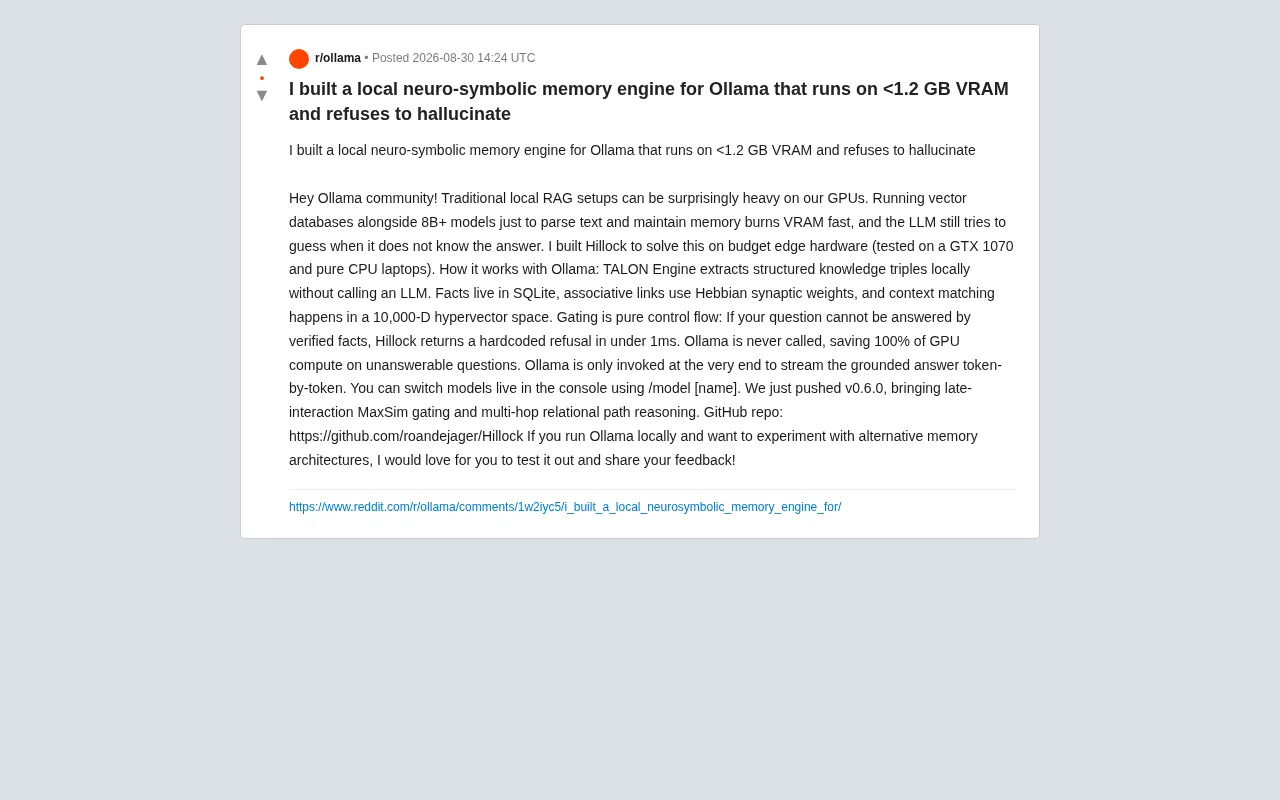 Hillock: A Local Neuro-Symbolic Memory Engine Using Only 1.2GB VRAM That Eliminates LLM Hallucinations at the Architecture Level