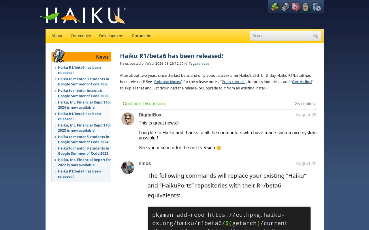 Haiku R1/beta6发布公告