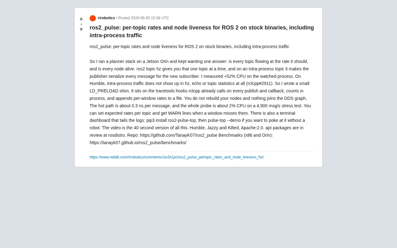 ros2_pulse: Zero-Intrusion, Low-Overhead Monitoring for ROS 2 Topic Frequency and Node Liveness