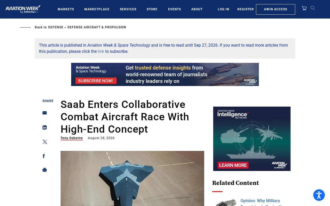 Saab Enters the CCA Arena: Can a High-End Loyal Wingman Strategy Break Through?
