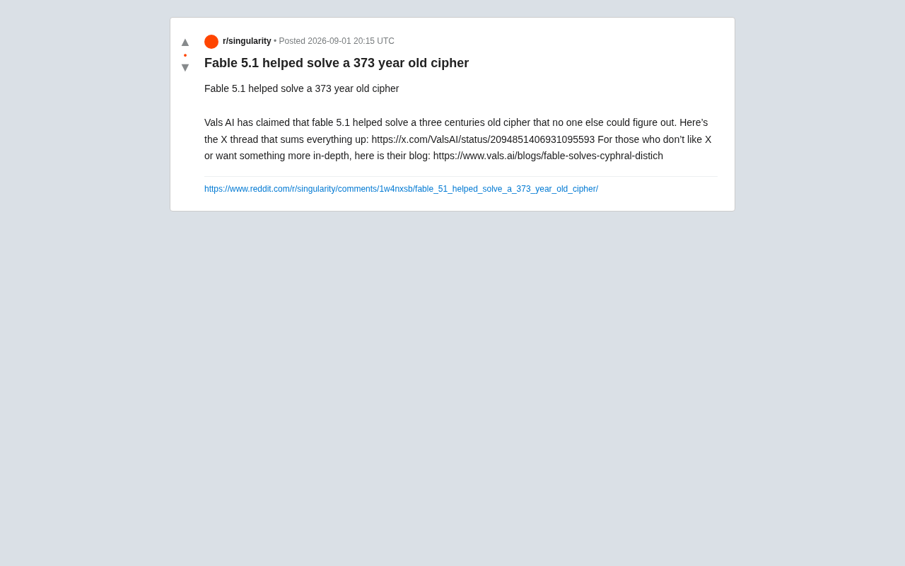 reddit source: Fable 5.1 helped solve a 373 year old cipher