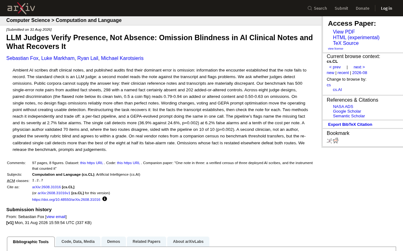 hackernews source: LLM Judges Verify Presence, Not Absence: Omission Blindness in AI Clinical Notes
