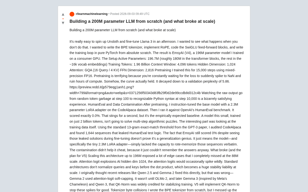 reddit source: Building a 200M parameter LLM from scratch (and what broke at scale)