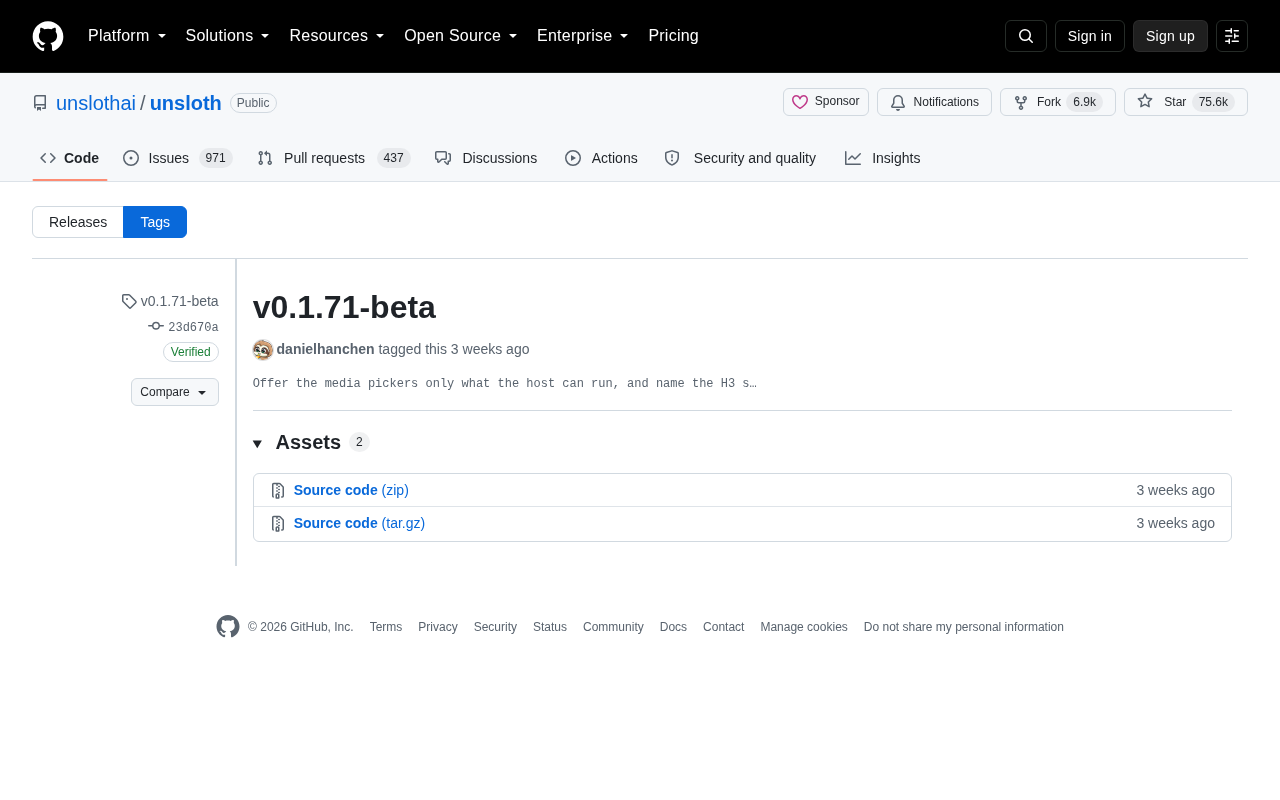 Unsloth v0.1.71-beta 发布页面