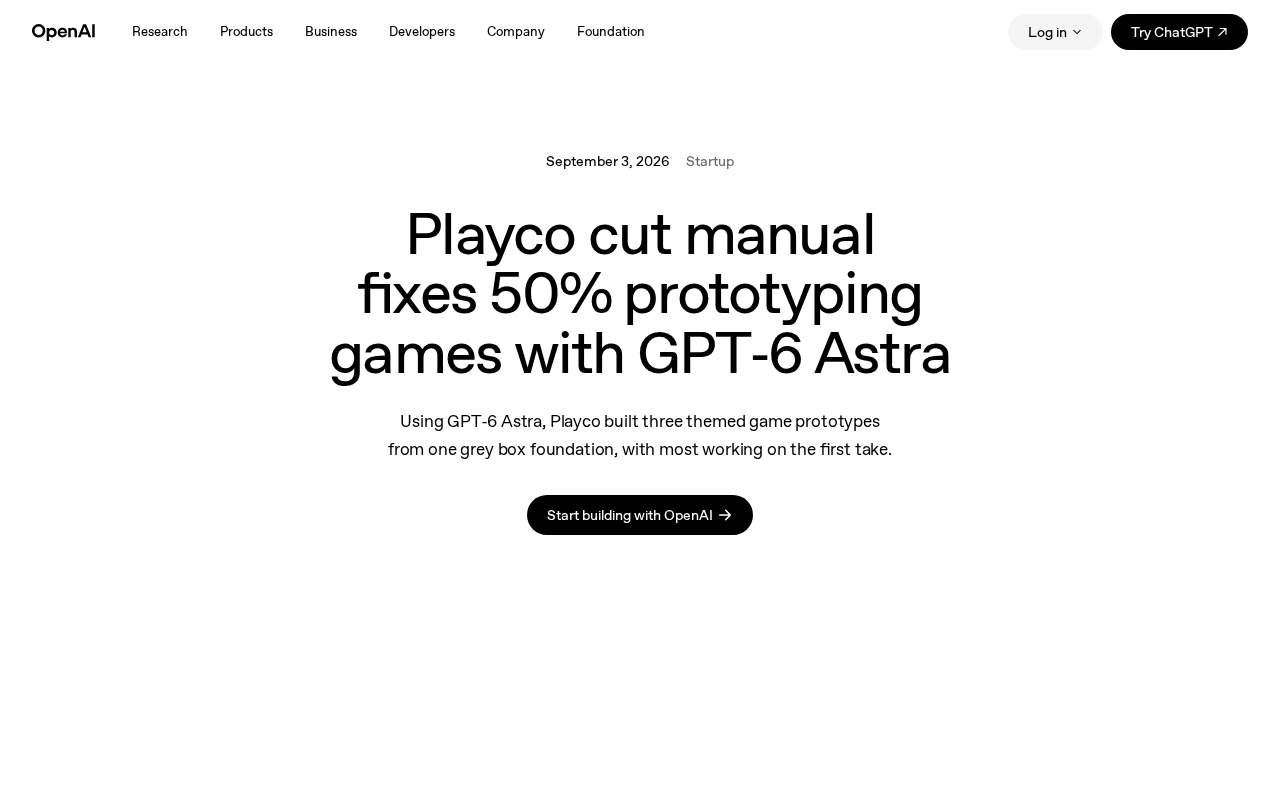 Playco借GPT-6 Astra开发游戏原型,手动修复量减少50%