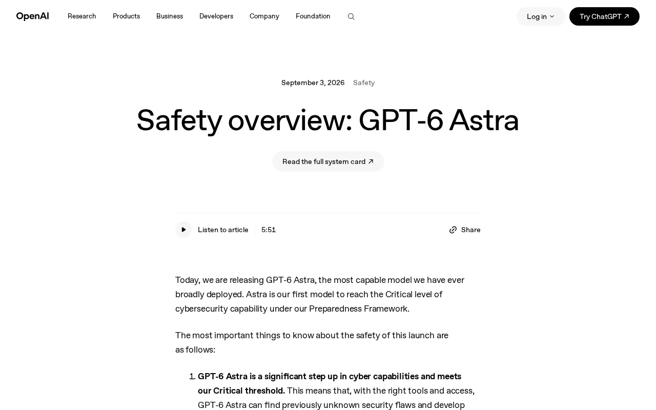 GPT-6 Astra Safety Report Explained: The First Model to Reach 'Critical' Cybersecurity Level