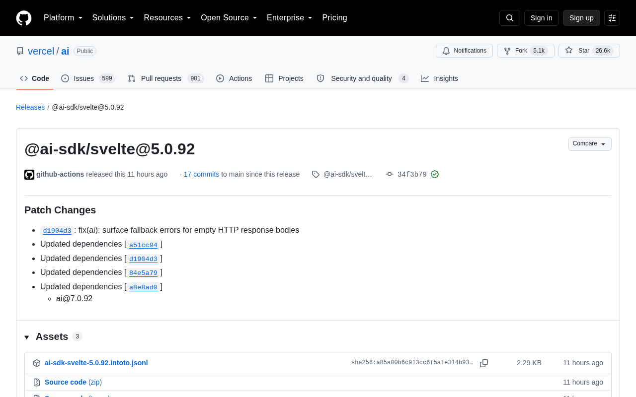 Vercel AI SDK 5.0.92 发布