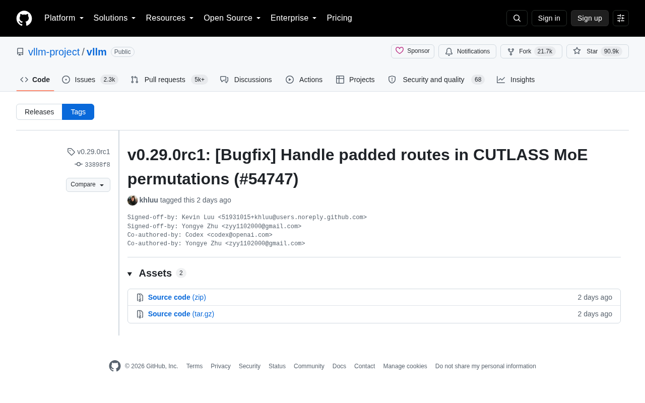vLLM v0.29.0rc1发布:修复CUTLASS MoE排列填充路由缺陷