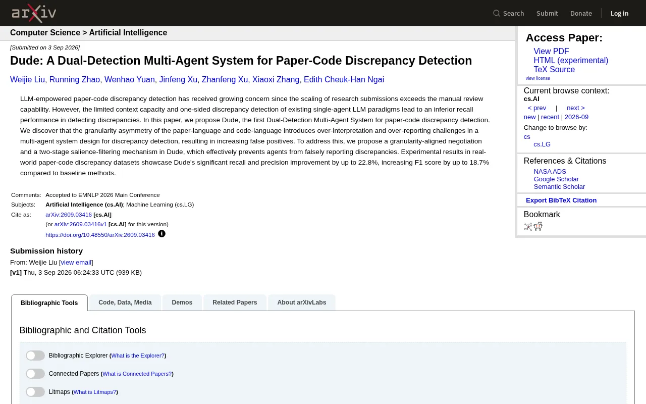 The Dude System: How Dual-Detection Multi-Agent AI Catches Inconsistencies Between Papers and Code