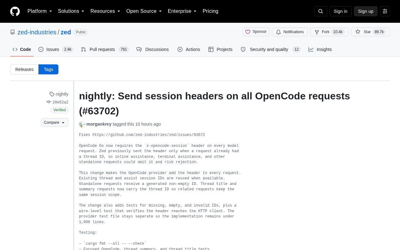 Zed 修复 OpenCode 会话头问题的提交记录
