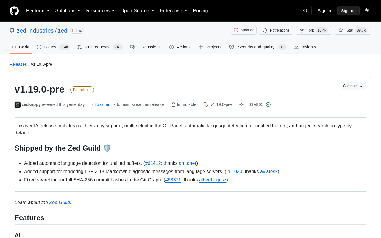 Zed v1.19.0-pre 发布页面