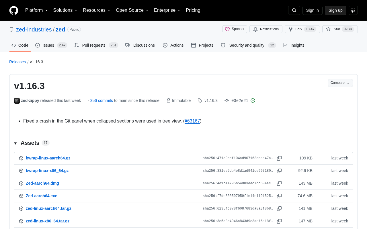 Zed v1.16.3发布页面