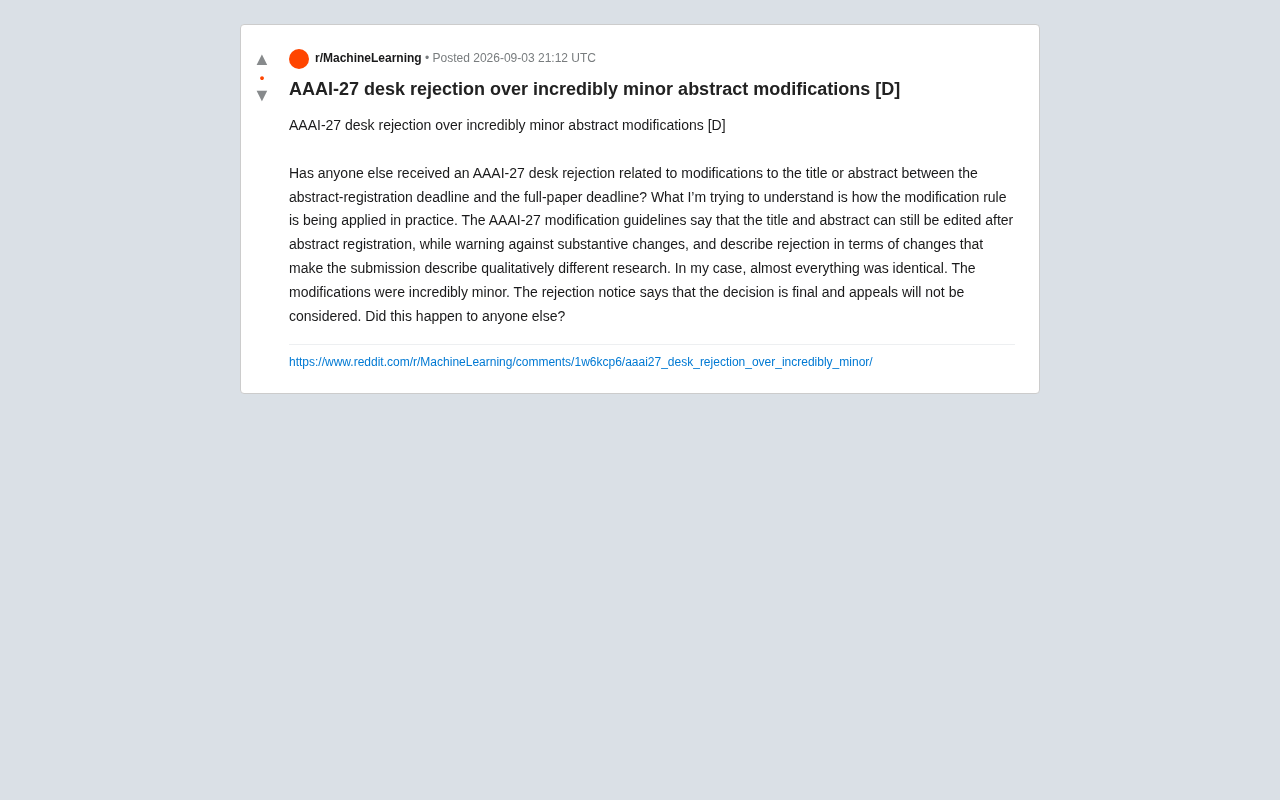 reddit source: AAAI-27 desk rejection over incredibly minor abstract modifications