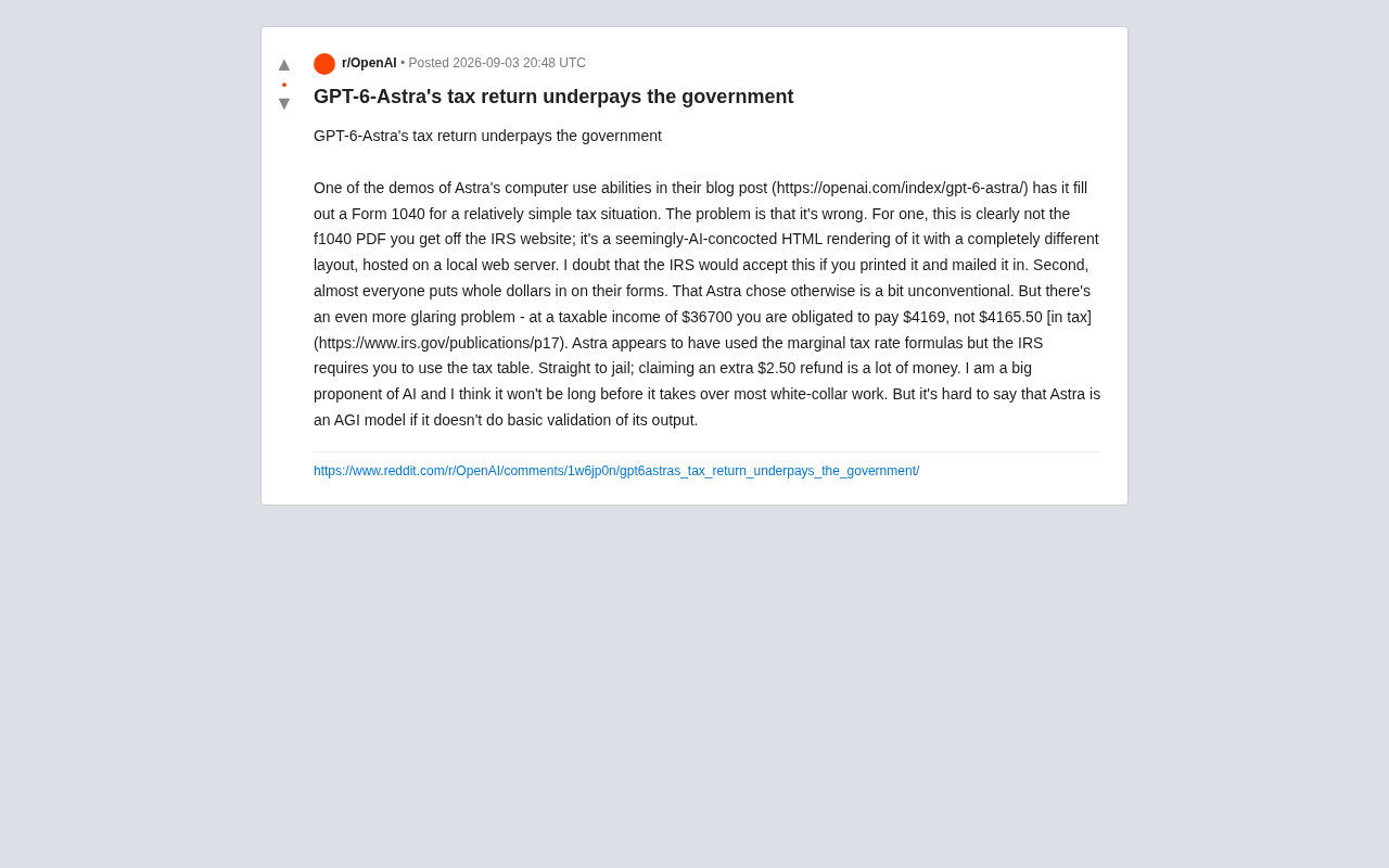reddit source: GPT-6-Astra's tax return underpays the government