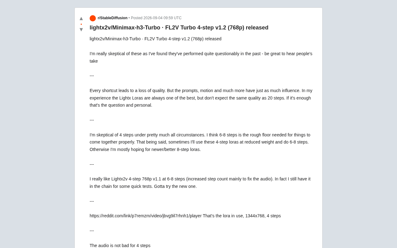 reddit source: lightx2v/Minimax-h3-Turbo · FL2V Turbo 4-step v1.2 (768p) released
