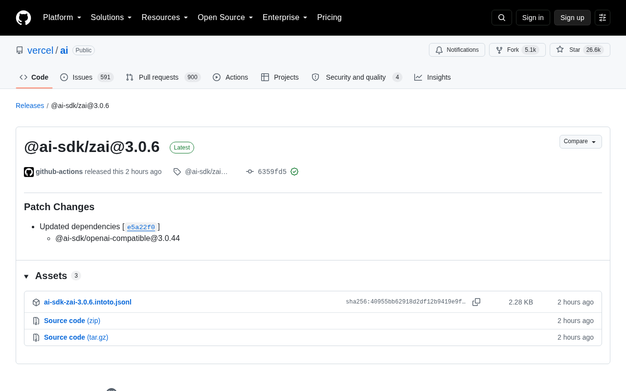 Vercel AI SDK @ai-sdk/zai 3.0.6 更新:智谱模型接入最新解析