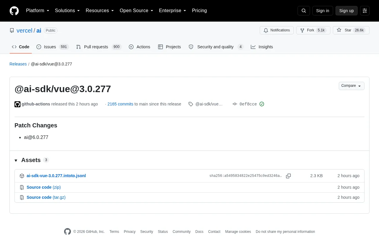 Vercel AI SDK Vue 3.0.277 Release Update Analysis