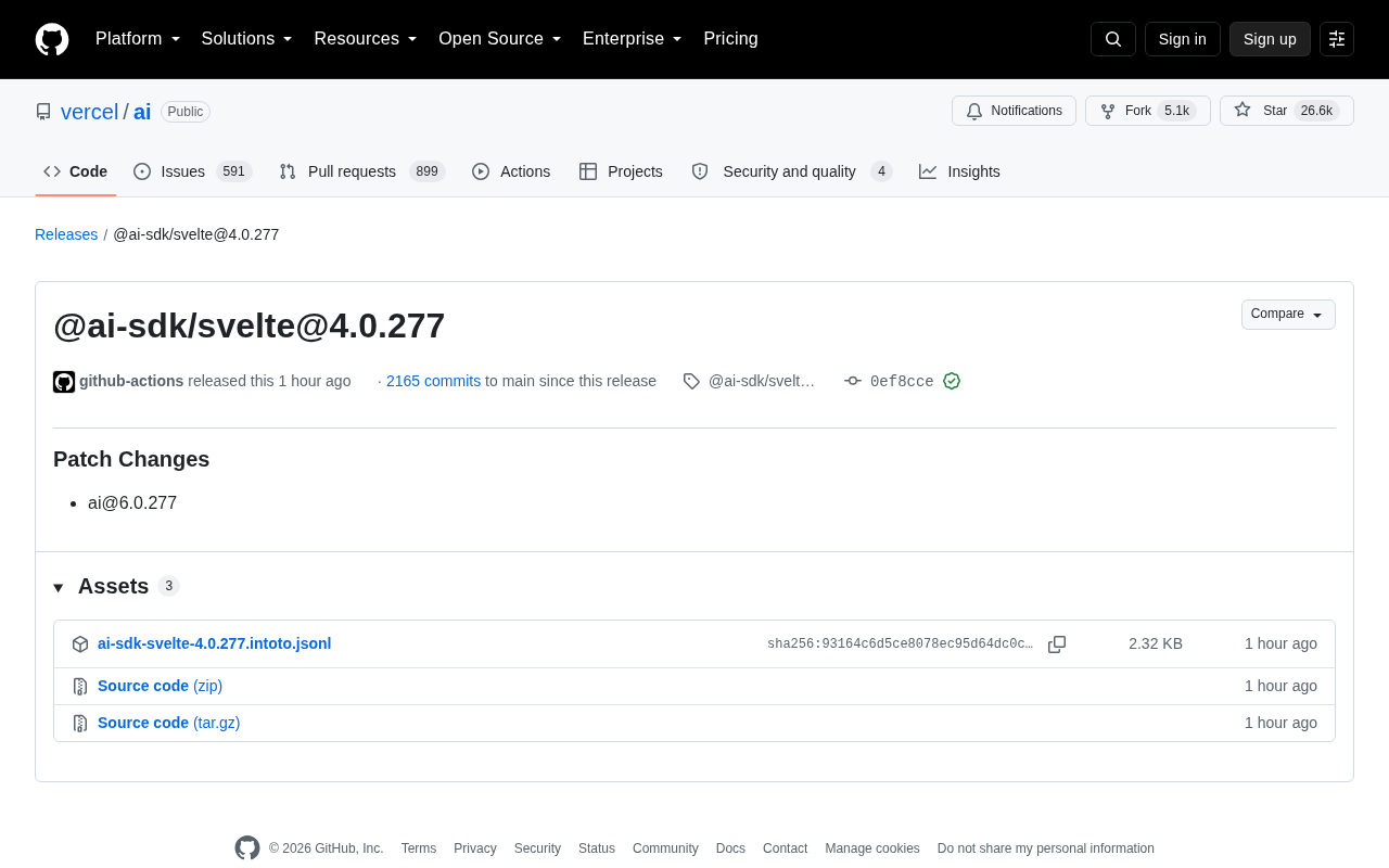 Vercel AI SDK Svelte 版本发布页面
