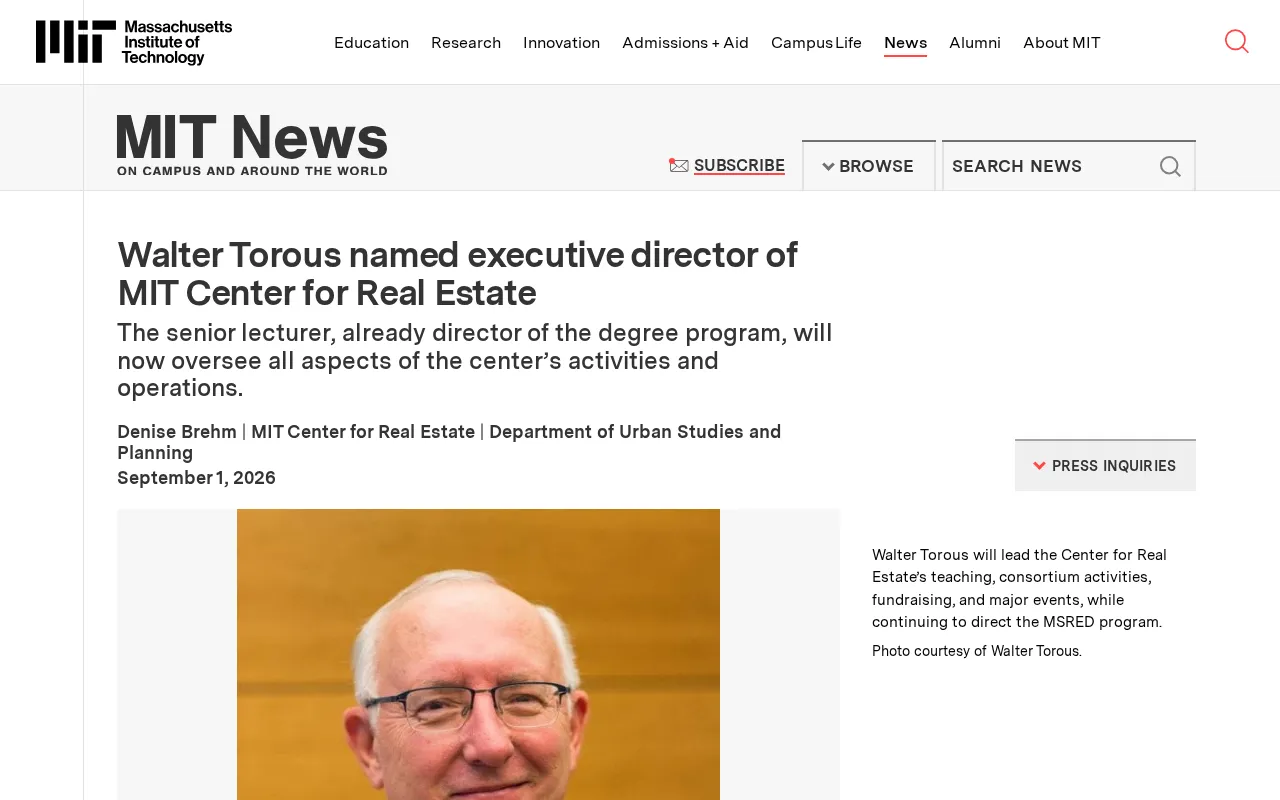 MIT Center for Real Estate Appoints Walter Torous as New Executive Director