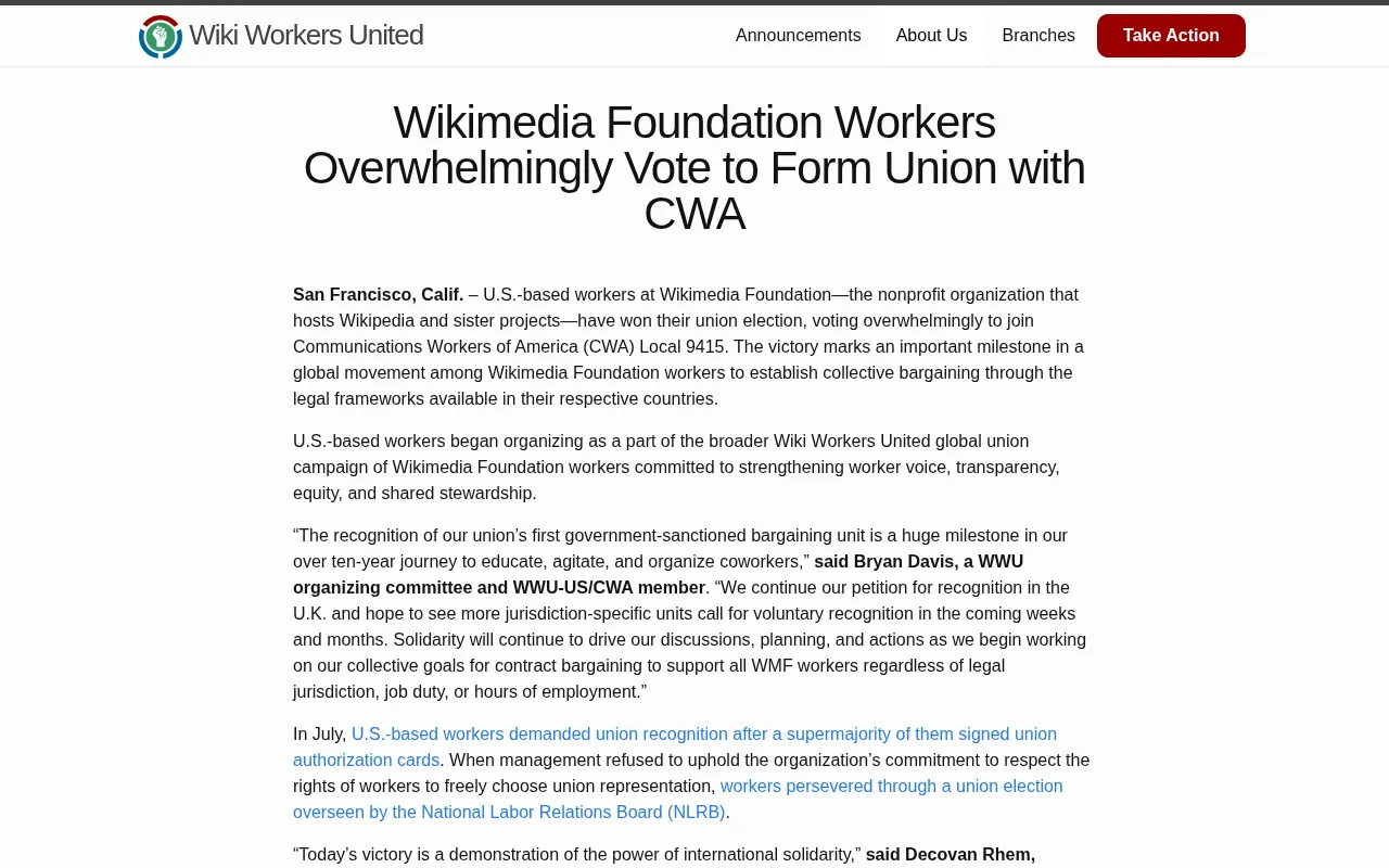 Wikimedia Foundation Workers Vote to Form Union
