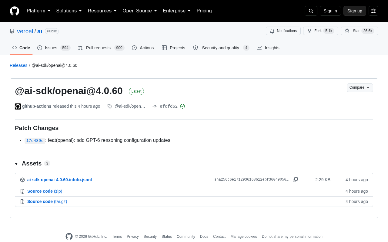 Vercel AI SDK OpenAI 集成 v4.0.60:推理配置增强详解