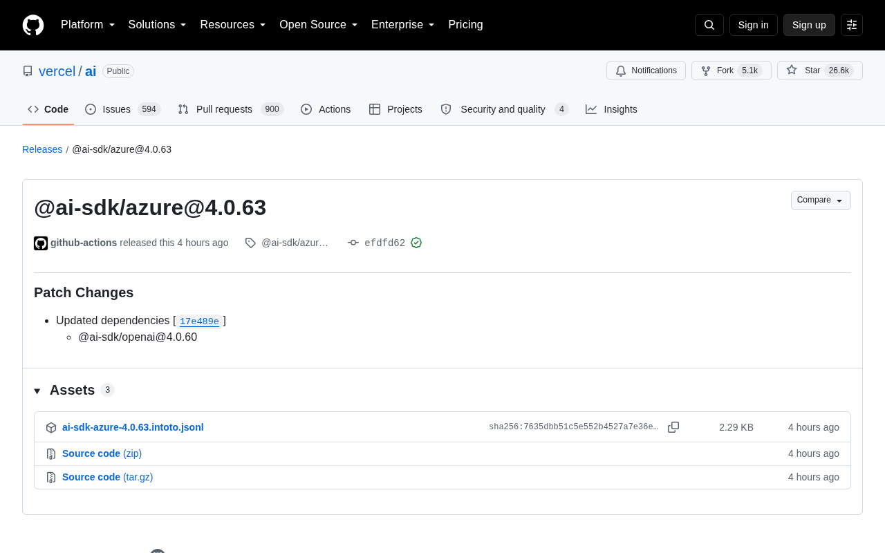 Vercel AI SDK Azure 包发布信息
