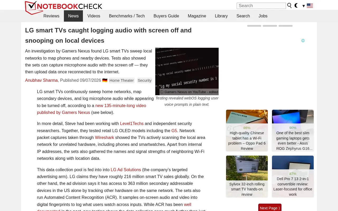 rss source: LG smart TVs caught logging audio with screen off and snooping on local devices