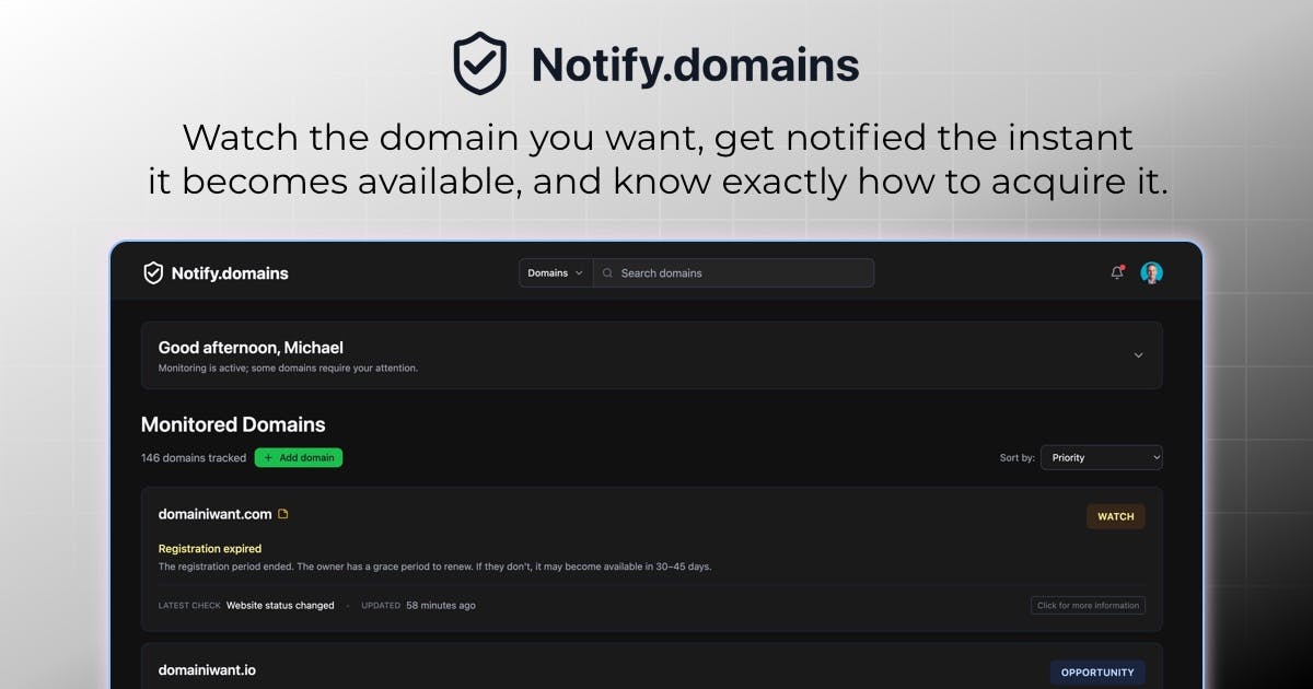 Notify.domains域名监控工具:实时追踪域名释放与拍卖机会