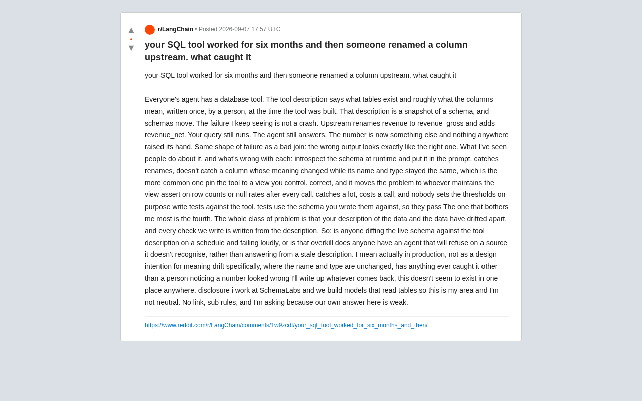 reddit source: your SQL tool worked for six months and then someone renamed a column upstream. what caught it