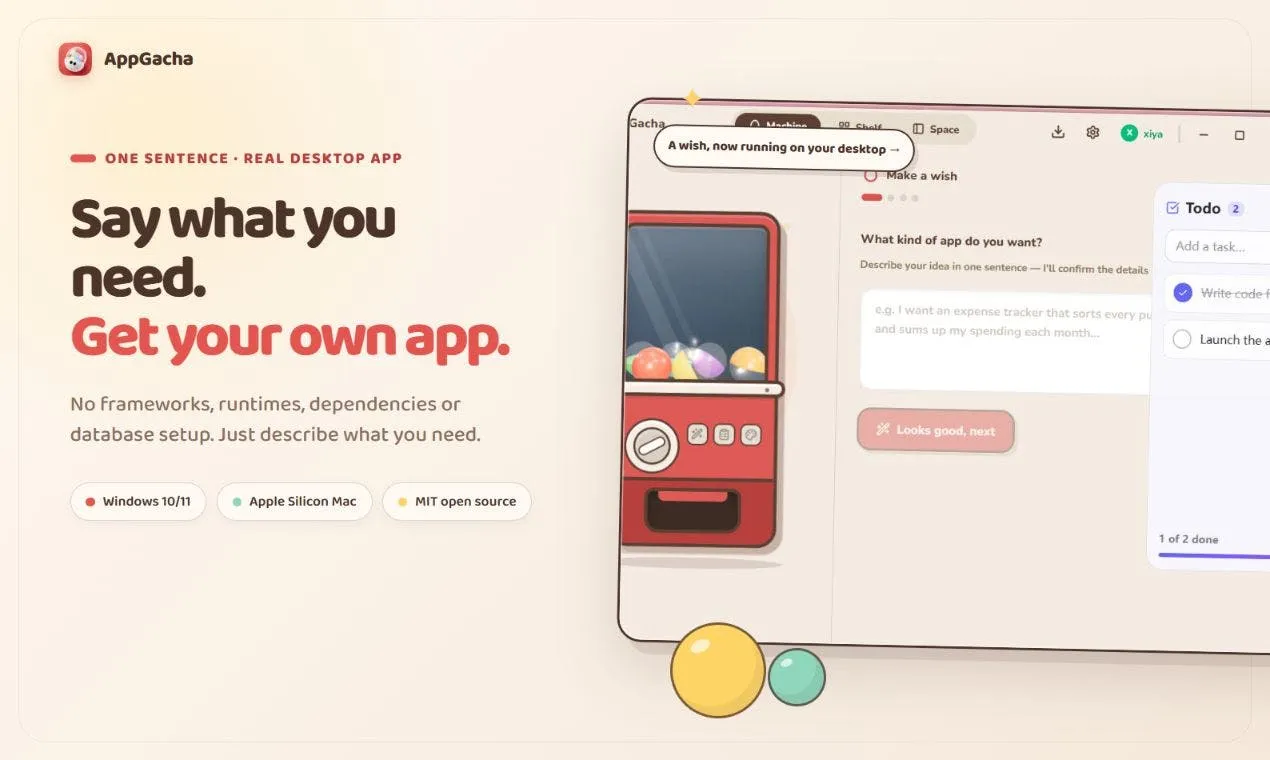 AppGacha: An AI No-Code Tool That Generates Desktop Apps from a Single Sentence