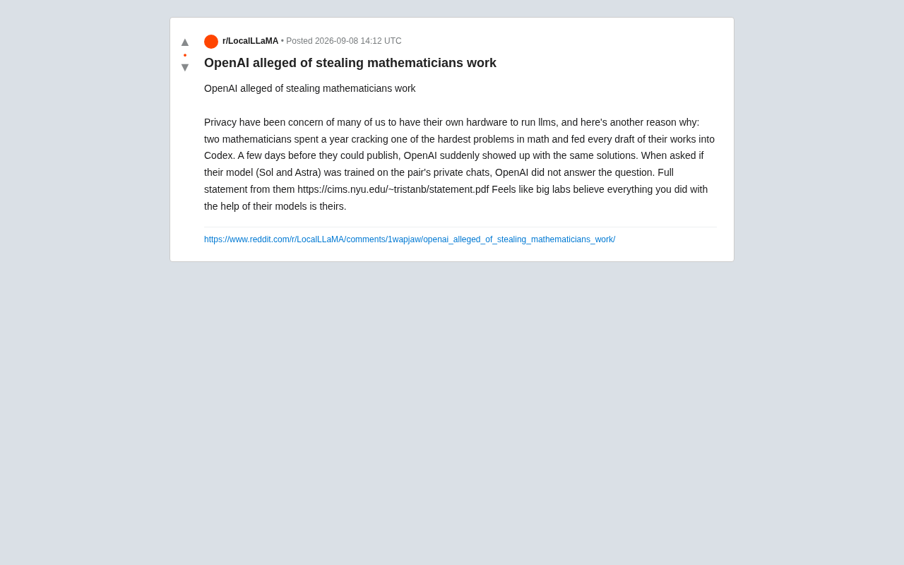 reddit source: OpenAI alleged of stealing mathematicians work