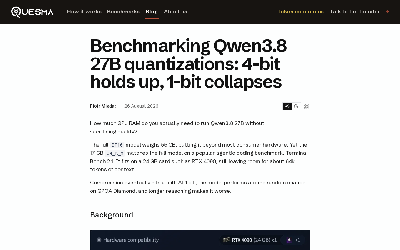 hackernews source: Benchmarking Qwen3.8 27B quantizations: 4-bit holds up, 1-bit collapses