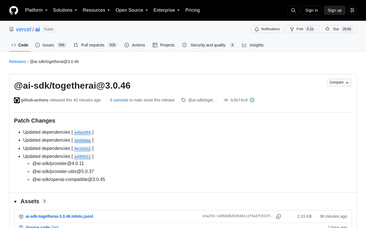 Vercel AI SDK togetherai 3.0.46 更新解读:依赖协同与模块化架构