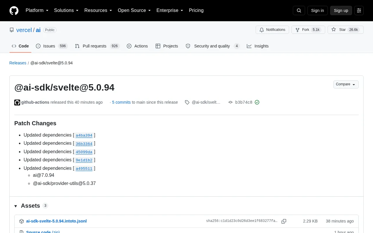 Vercel AI SDK Svelte Package Updated to 5.0.94: Dependency Upgrades and Compatibility Improvements