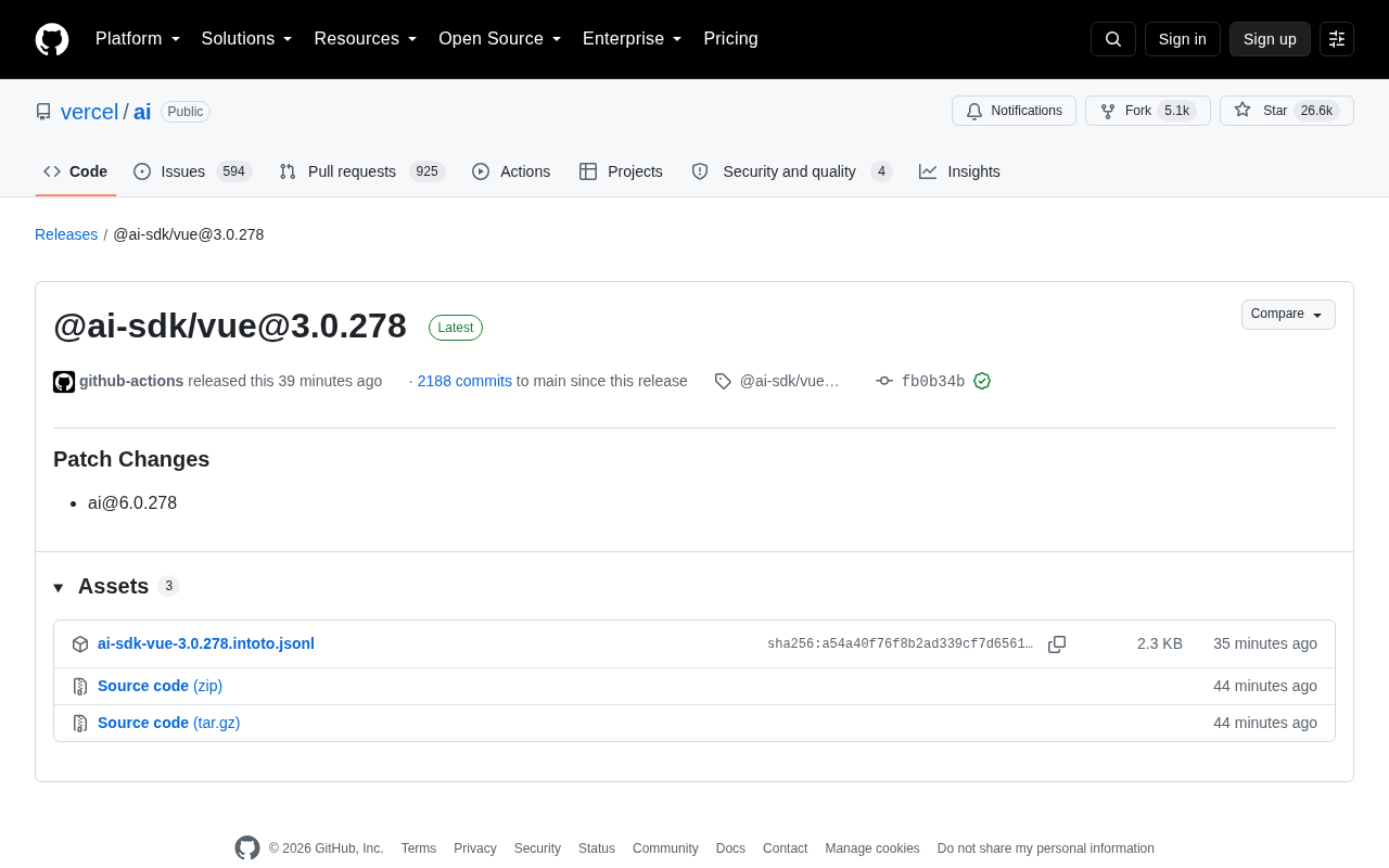 Vercel AI SDK Vue包3.0.278更新:依赖同步与多框架AI集成解析
