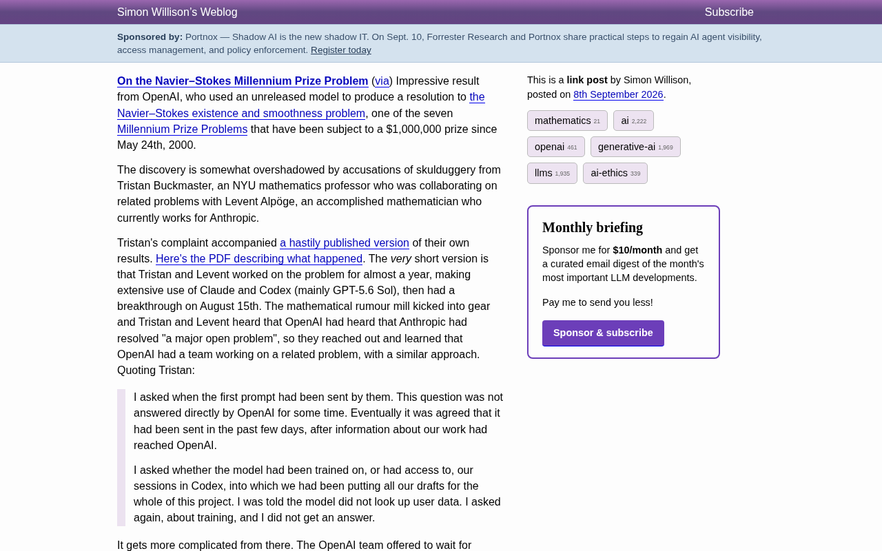 rss source: On the Navier–Stokes Millennium Prize Problem