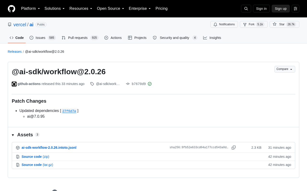 Vercel AI SDK Workflow 2.0.26 更新解析:依赖升级与工作流模块详解