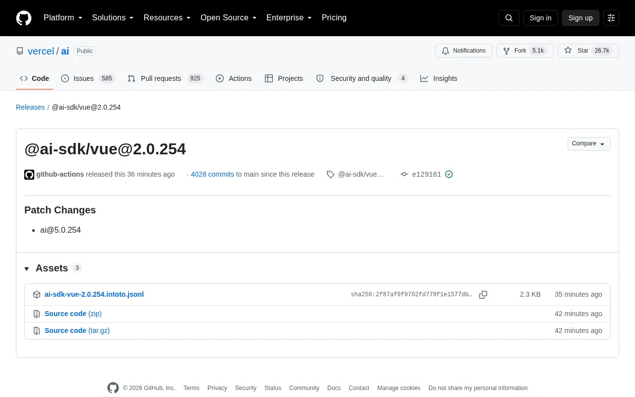 Vercel AI SDK Vue Package Update: Patch Release 2.0.254 Explained