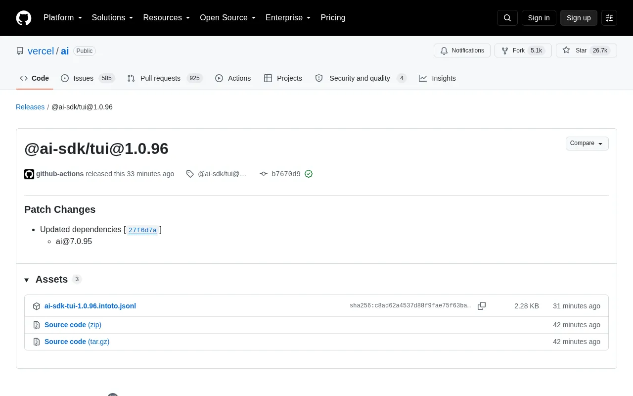 Vercel AI SDK TUI Component Version 1.0.96 Update Overview